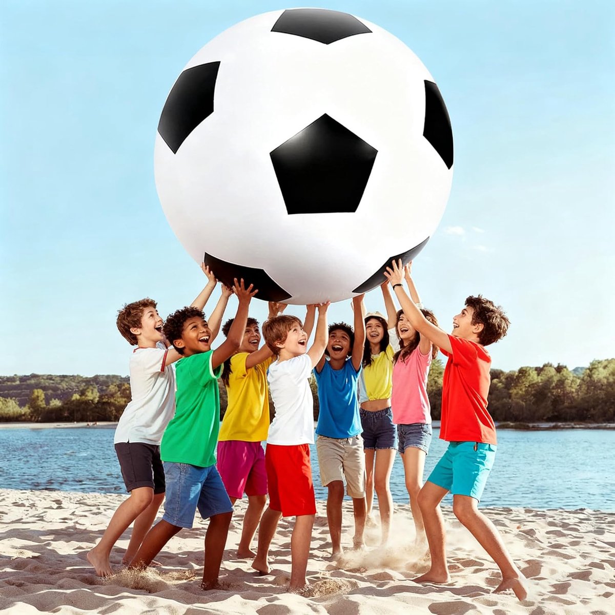 VHV - Voetbal - Opblaasbare bal - Strandbal - XXL Voetbal - Grote speelbal - Met handpomp - Voor buiten en strand - 100 cm - Zwart-wit — cadeau in Spellen & Speelgoed - foto 6