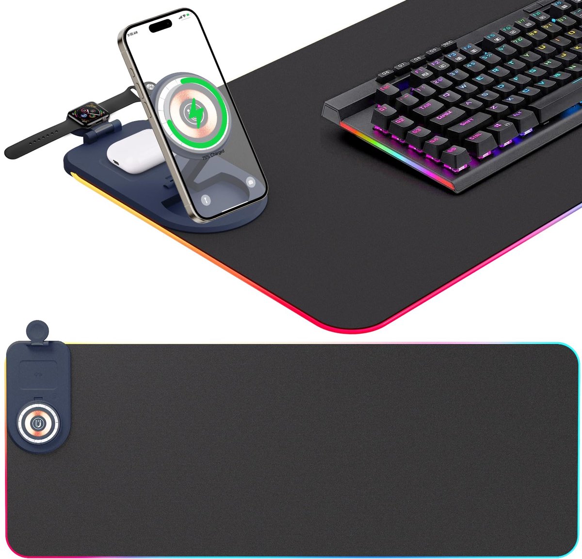Dreamhigh® Verbeterde RGB Gamingmuismat - 800 x 300 x 4 mm - met 15W Draadloos Snelladen en 15 LED Lichtkleuren - Compatibel met Telefoons - Muizen en Horloges die de Qi Standaard onder Steunen
