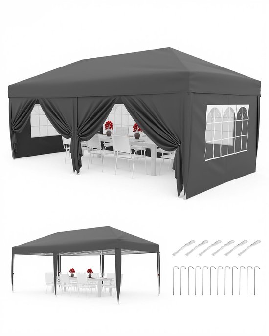 Partytent Rechthoekig met Zijwanden - 6x3m - Paviljoen Waterdicht Opvouwbaar - Pop-up UV-bescherming Hoogte Verstelbaar - Met Draagtas - voor Tuin Feest - Grijs