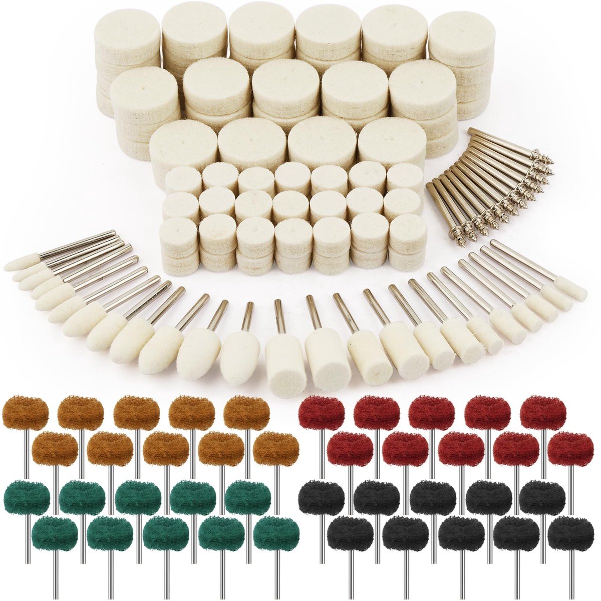 Dailygoods- Polijstschijven 176 Stuks - Wollen Polijstschijven - Polijstset voor Sieraden/Metaal/Glas - Inclusief Polijsthulpstuk - Herbruikbaar - Diverse Afmetingen