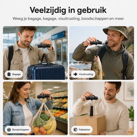 Vier afbeeldingen van een man die een blauwe koffer weegt, een man die vis weegt, een vrouw die boodschappen weegt en een man die een pakket weegt met een zwarte weegschaal.