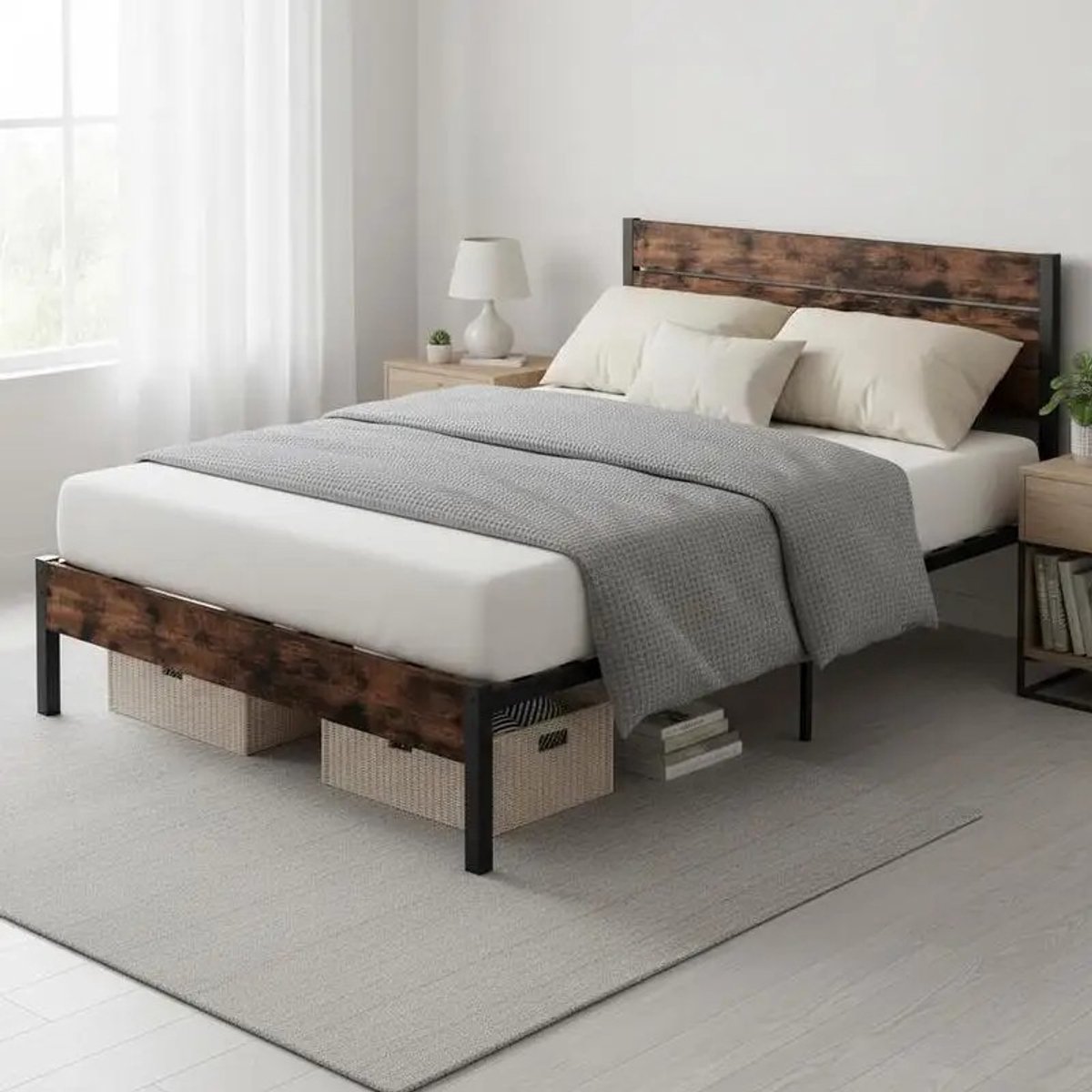 Dailygoods 140x200cm bedframe met metalen onderstel Platformbed met hoge hoofdbord Silence