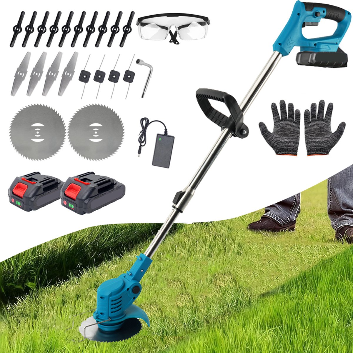 Accu-Grasmaaier 21V - Elektrische Grastrimmer Met 2 Accu's Van 2,0 Ah - Tuintrimmer - Verstelbare Bosmaaier Op Steel Voor Tuinen/Gazons/Struiken
