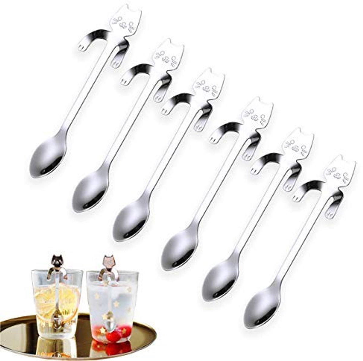 Dailygoods- Koffielepel Katvormig - 304 Roestvrij Staal - 6 Stuks - Dessertlepel - Theelepel - Geschikt voor Suiker en Room