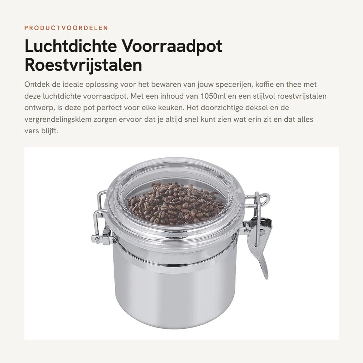 Dailygoods- Voorraadpot Luchtdicht 1050ml - Roestvrij Stalen Container - Doorzichtig Deksel - Vergrendelingsklem - Multifunctioneel - Voor Specerijen/Koffie/Thee - Voedselcontainer