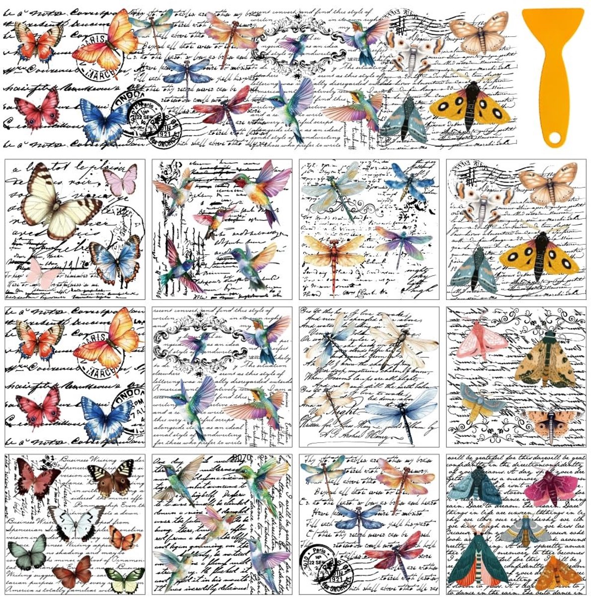 Dailygoods- Transferstickers 12 Vellen - Dierenpoëzie - Kleurrijke Vlinder/Kolibrie/Libelle - Wrijven op Transfers - Meubelsticker - 12 x 13 cm - Decoratiestickers