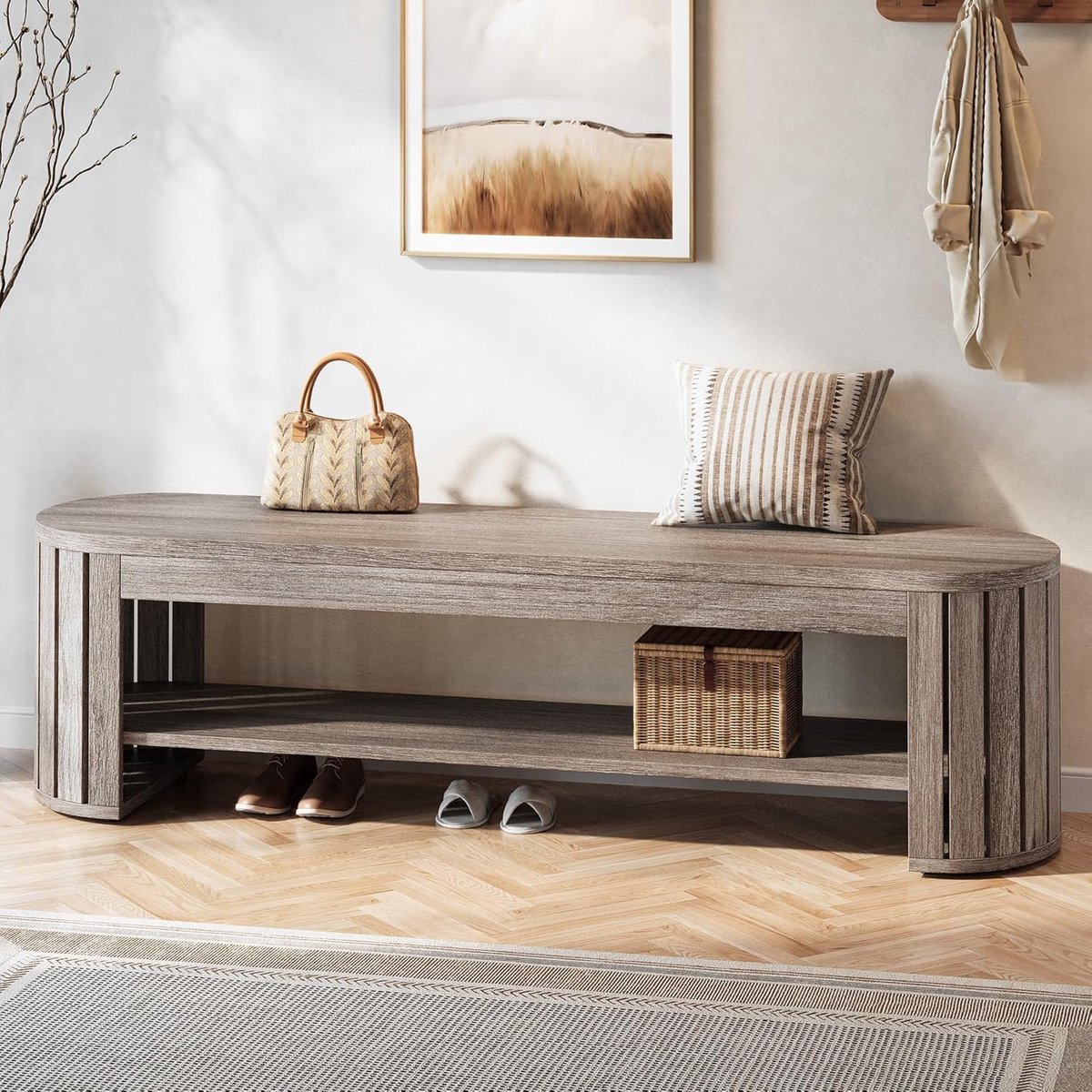 Schoenenbank 160 x 35 x 45 cm – Halbank met 2-laags schoenenrek, zitbank voor hal en entree, lange bedbank met lattenpoten, beigegrijs – Mobili Bella