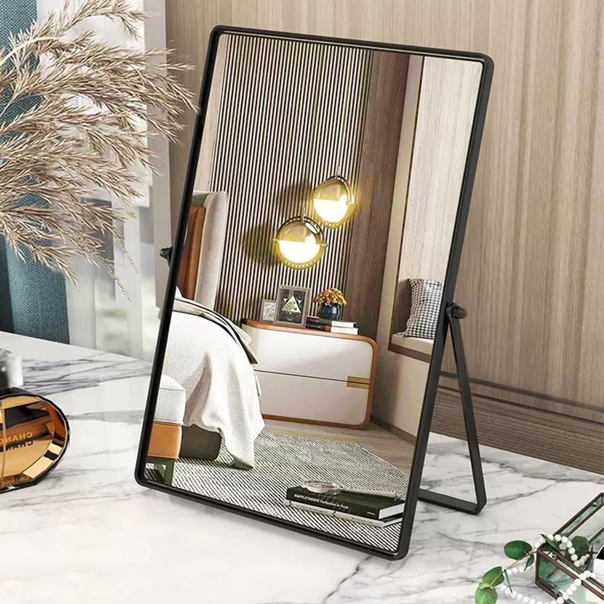 Dailygoods- Tafelspiegel Draagbaar - Zwarte Make-up Spiegel - Rechthoekige Bureau Spiegel - 30 x 22 cm - Metalen Frame - Schokbestendig Glas