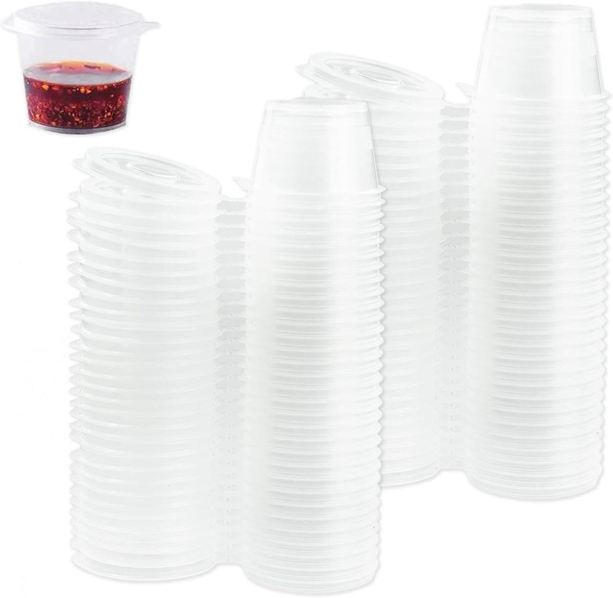 Dailygoods- Kunststof Potten 100 Stuks - Kleine Sauspan 25 ml - Herbruikbaar - Transparant - Met Deksel - Voor Lekkernijen/Sauzen - Voedselpotjes