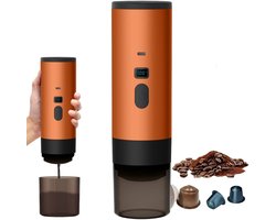 Hutjemutje - draagbare koffiezetapparaat - koffiemachine - draadloos voor in de auto - 12V - espresso - nespresso - dolce gusto - capsule koffie - gemalen koffie - oplaadbaar - oranje