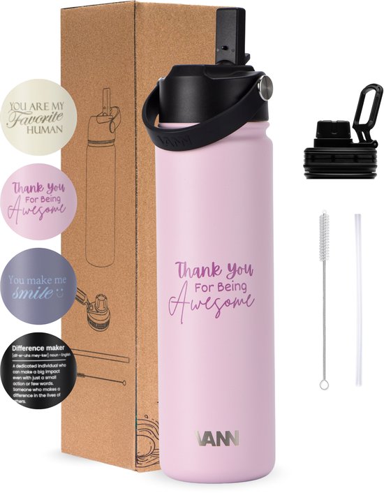 Roze VANN drinkfles met tekst 'Thank you for being awesome', bijbehorende doppen en schoonmaakborstels.