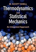 Boekcover 'Thermodynamics and Statistical Mechanics' door M. Scott Shell, met tekst en moleculaire visualisatie.