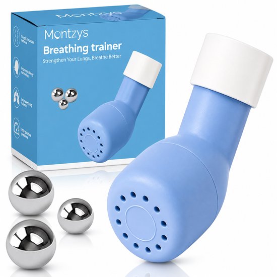 Blauwe ademhalingstrainer met witte dop en drie zilveren balletjes; doos met tekst over verlichting.