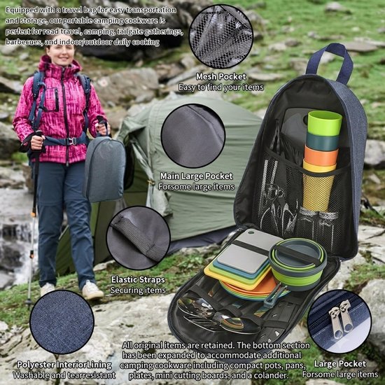 Complete Camping Kookgerei Set – 23-delig BBQ Kookgerei & Bestekset voor 4 Personen, RVS Kookgerei met Snijplank, Flesopener & Kruidenflessen – Draagbaar Outdoor Servies voor Kamperen, Picknick & BBQ — afbeelding 4