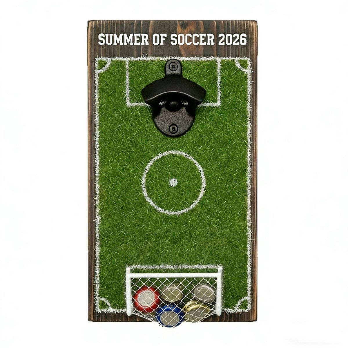 Flesopener Voetbalveld - Bieropener Wandmontage - Wandflesopener Met Doppenvanger - Voetbal Cadeau - 38 cm