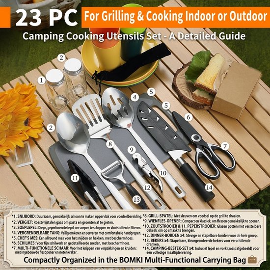 Complete Camping Kookgerei Set – 23-delig BBQ Kookgerei & Bestekset voor 4 Personen, RVS Kookgerei met Snijplank, Flesopener & Kruidenflessen – Draagbaar Outdoor Servies voor Kamperen, Picknick & BBQ — afbeelding 3