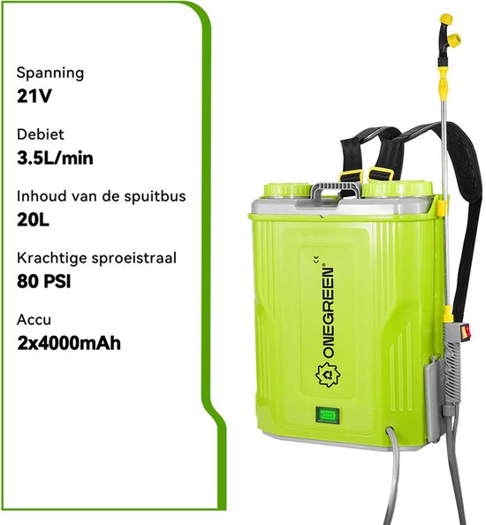 ONEGREEN Accu drukspuit - 20 liter - Onkruidbestrijding - Elektrische Drukspuit - met 2x Accu’s en 5x Sproeikoppen - voor Tuin, Gazon en Terras van OneGreen — afbeelding 2