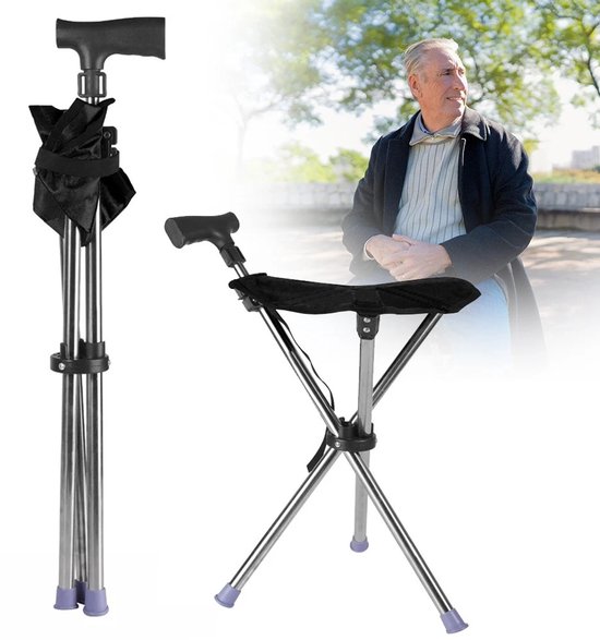 Wandelstok met een uitgeklapt zitje en een opgevouwen wandelstok met oudere man.