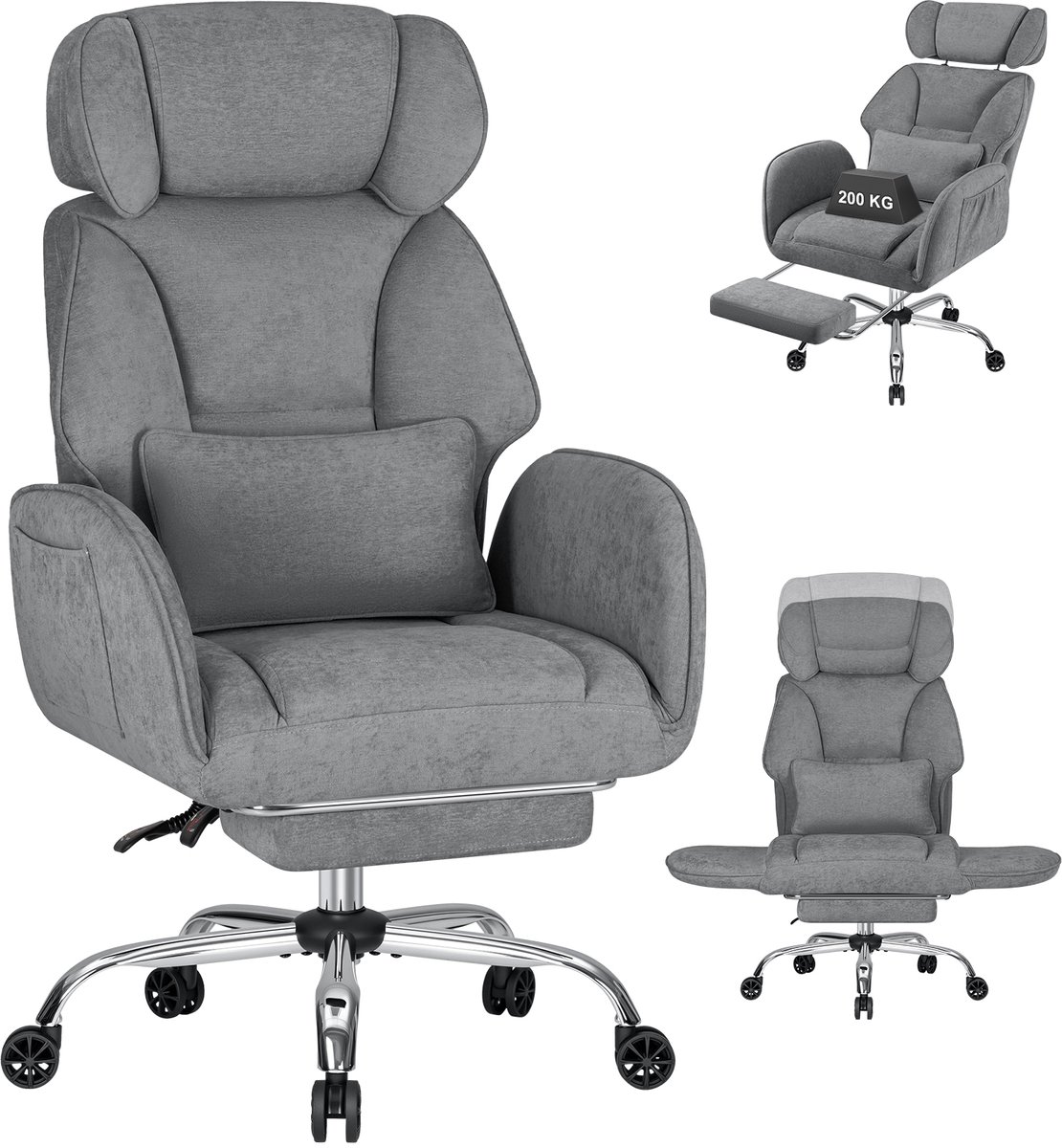 HOFFREE Ergonomische Bureaustoel Kleermakerszit met Voetensteun - Grijs - Opklapbare Armleuningen, 135° Verstelbare Rugleuning, Chenille Stof, Belastbaar tot 200 kg