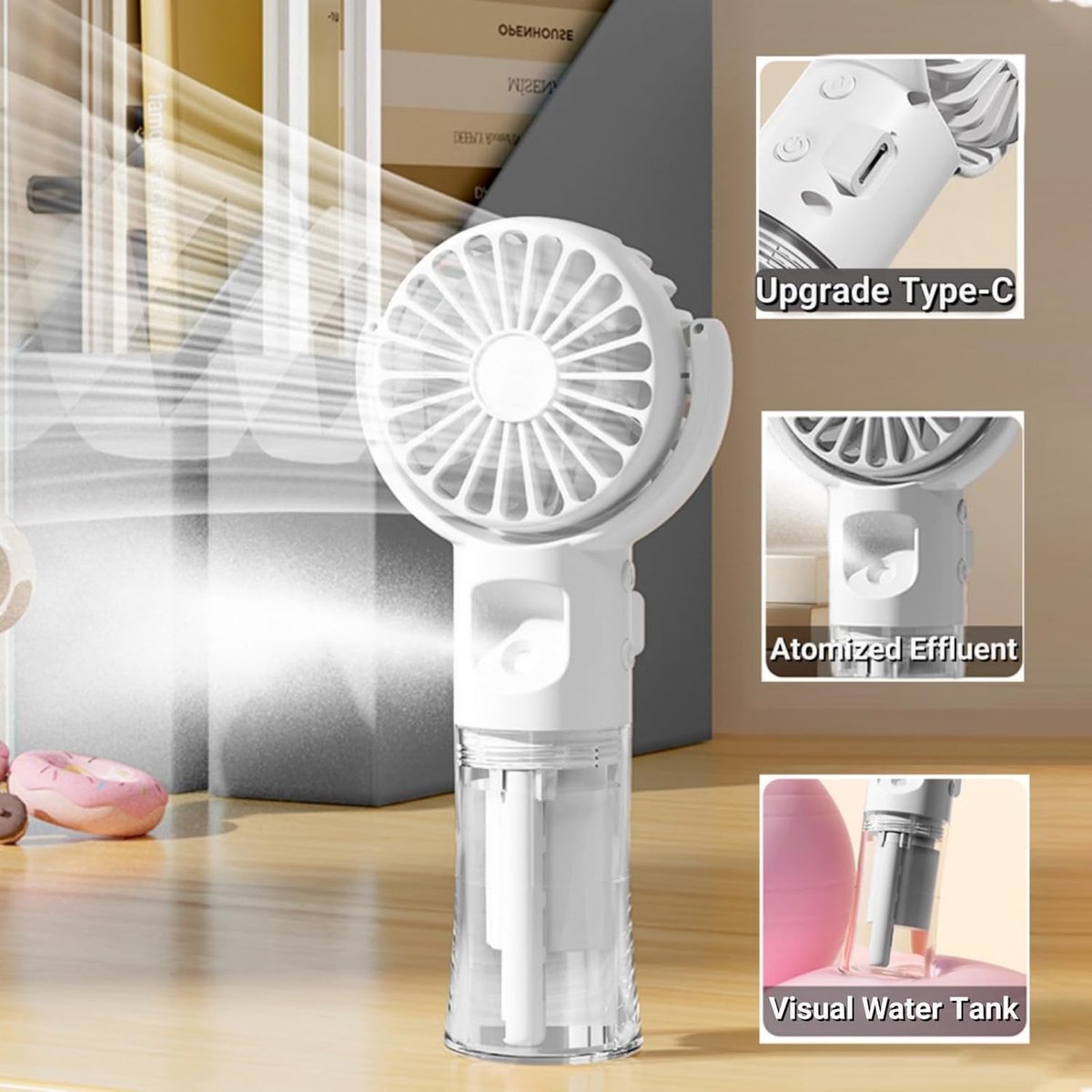 Handventilator - Ventilator Met Waternevel - Handmist Ventilator Oplaadbaar USB - met Watertank - 4 Standen - Verstelbare Koelventilator voor Zomer Buiten - zwart thumbnail 4