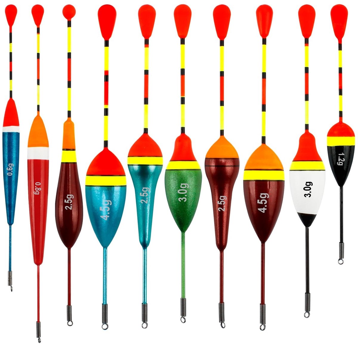 Dailygoods- Visdobbers 10 stuks - Hoge gevoeligheid - Ovale dobbers - Geschikt voor meeste vissoorten - Gewichten 0,6 g/0,8 g/1,2 g/2,5 g/3 g/4,5 g - Perfect voor vissen - Vlotters