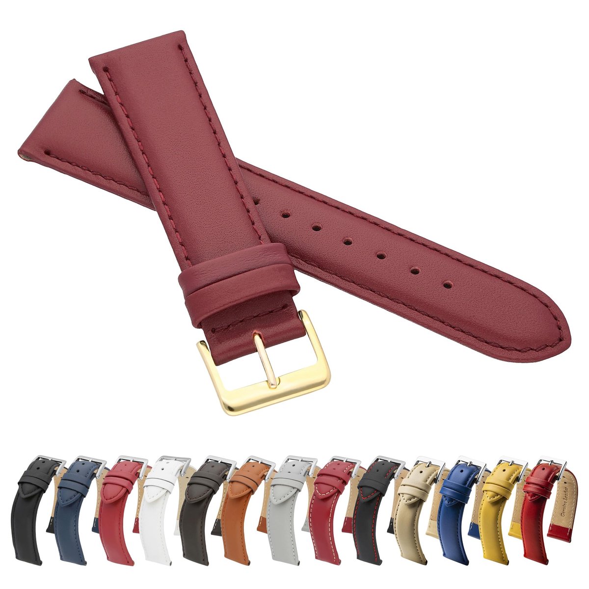 Dailygoods- Horlogebandje 20 mm - Glad Leer - Gouden Sluiting - Fijn Leren Armband - Echt Rundleer - Tijdloze Elegantie