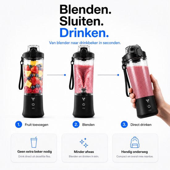 Vipes® - Draagbare oplaadbare Blender - 600ML - Wit - 6 Messen - 4000mAh - LED-verlichting - Portable - Blender to go - Mini Juicer - Smoothie Maker - Draadloos - Ideaal voor Shakes, Smoothies en Meer - Geschikt voor Reizen, Kantoor en Sport van Vipes — afbeelding 2