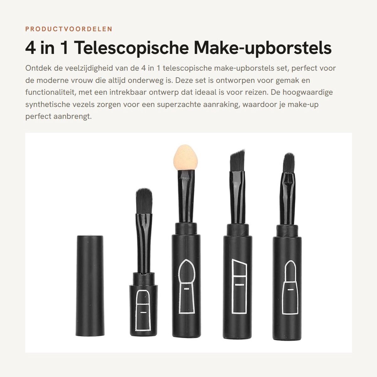 Dailygoods- Make-upborstels Set 4 in 1 - Telescopische Borstels - Draagbare Kwasten - Synthetische Vezels - Zacht en Pluizig - Geschikt voor Reis - Make-upkwasten