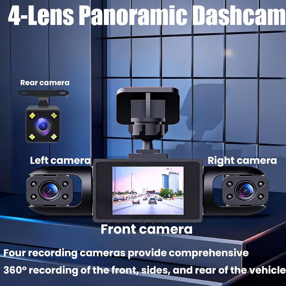 KZQ 4-kanaals dashcam auto 360 graden met 4 camera's 1080p voor achter links rechts 2 inch scherm full view opname met 32GB SD-kaart voor maximale veiligheid thumbnail 3