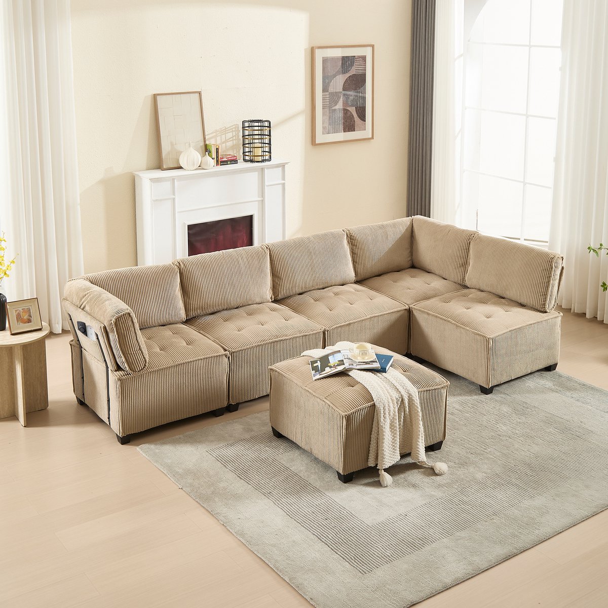 Hoekbank - Modulaire 6-zitsbank, corduroy stof, ergonomisch, opbergvakken, flexibel te combineren als U-vorm/L-vorm/slaapbank, stabiel frame - hout - metaal, eenvoudige montage - Kaki