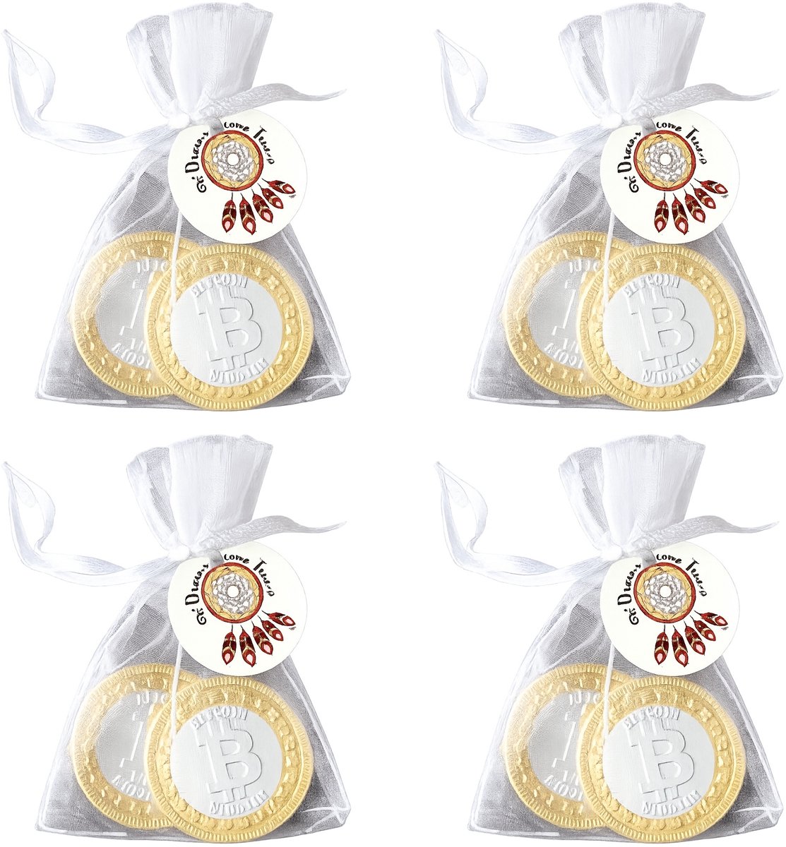 4 Give-aways Dreams come True elk met kaartje en 2 chocolade bitcoin munten - bitcoin - munt - bedankje - traktatie - give-away - dream - gelukwens