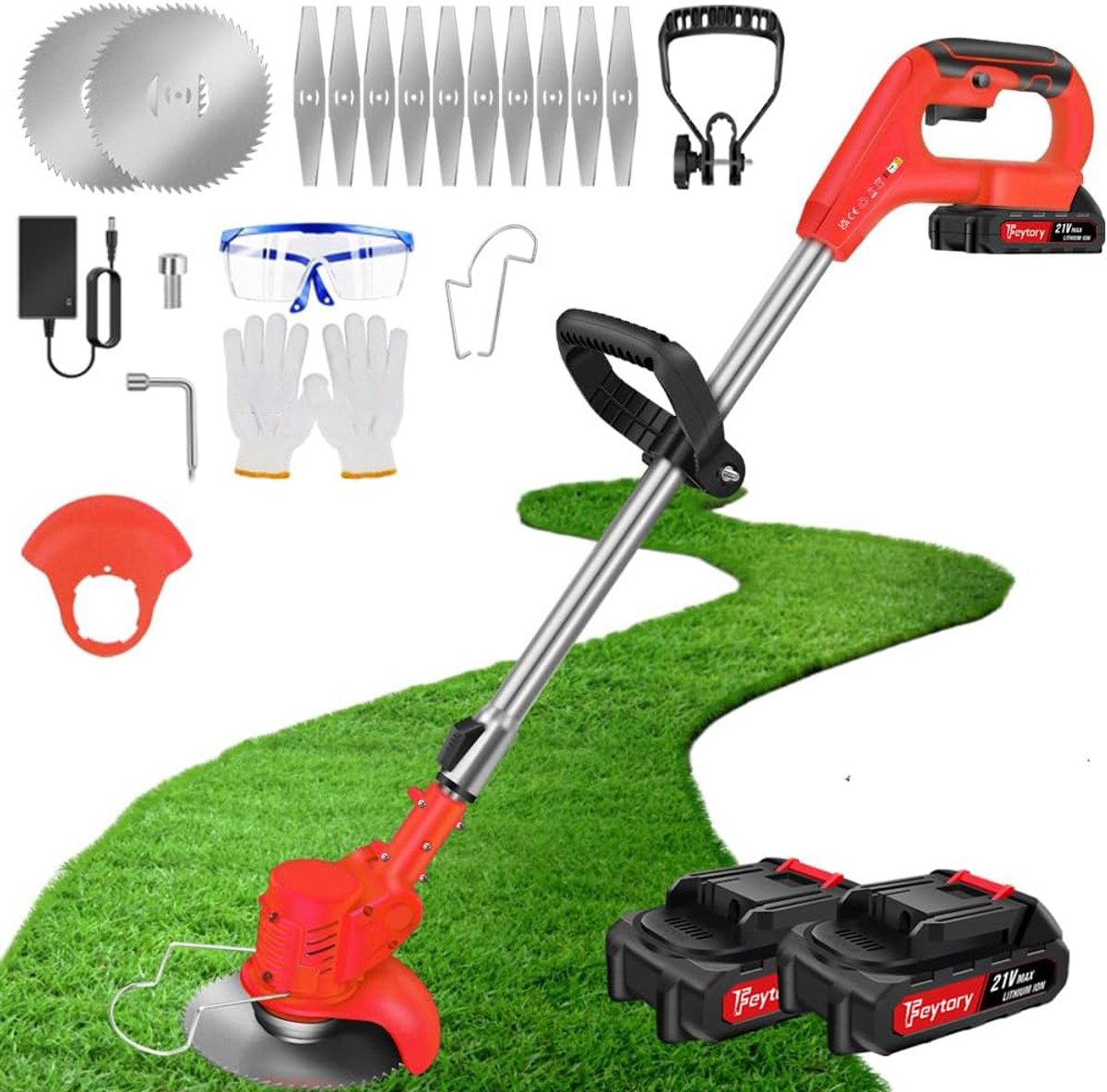 Grastrimmer/Bosmaaier - 800W Motor Van Puur Koper - Telescopische Steel Met 0-90° Draaibare Kop - 2 Ronde En 10 Rechte Messen - Lichtgewicht 1,5 Kg - Rood