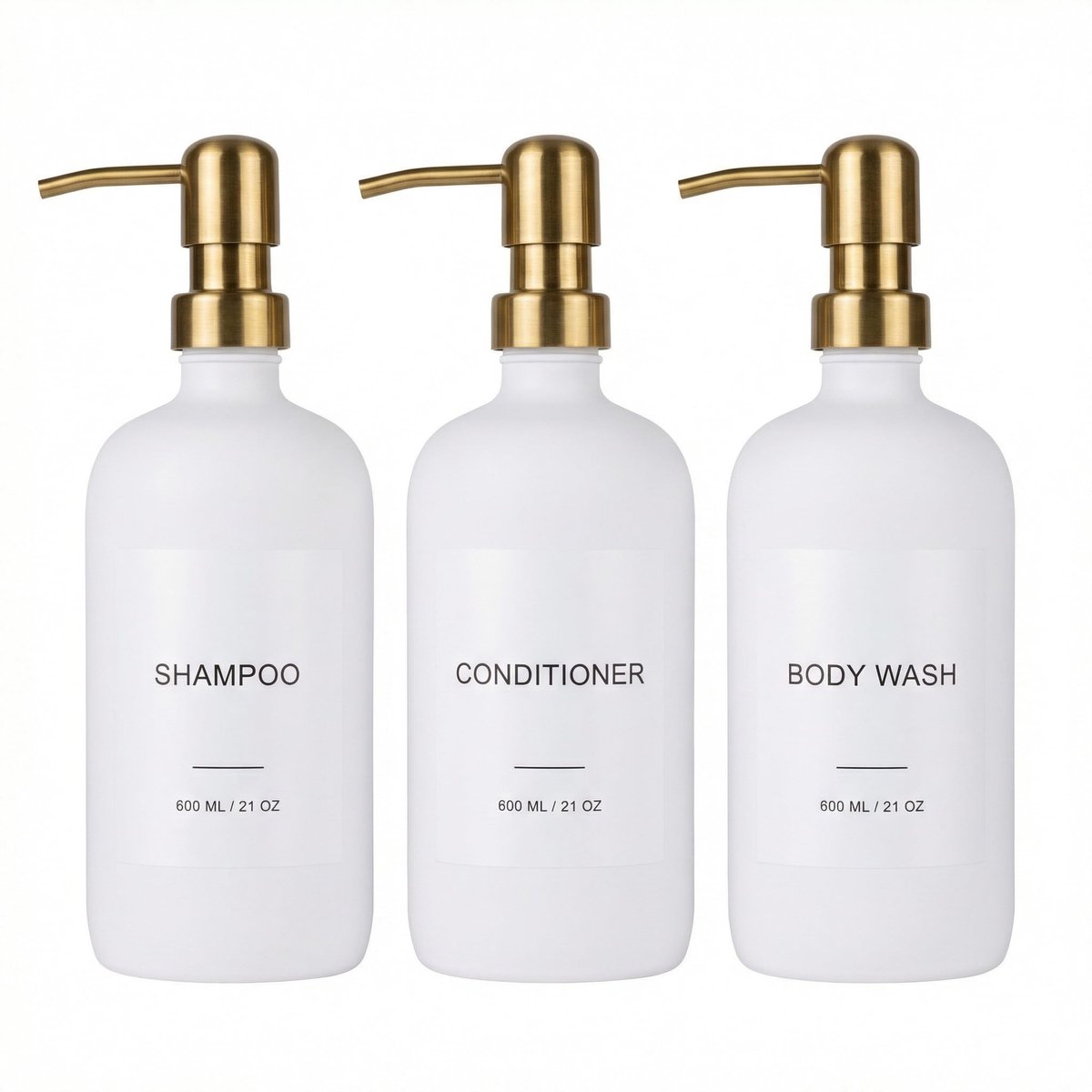Dailygoods- Shampoo-dispenser set van 3 - Roestvrijstalen pomp - Hervulbare PET-doucheflessen - 600 ml - Trechter en etiketten - Stijlvol design
