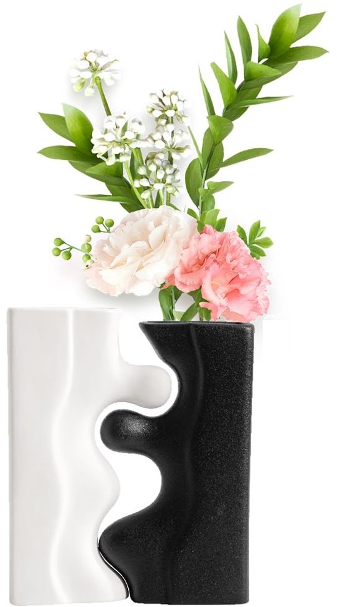Dailygoods- Keramische Vaas Set van 2 - Vaas voor Pampasgras - Decoratief Ornament - Tweekleurig Zwart/Wit - Moderne Wooncultuur - Tijdloze Keramiek - Bloempot