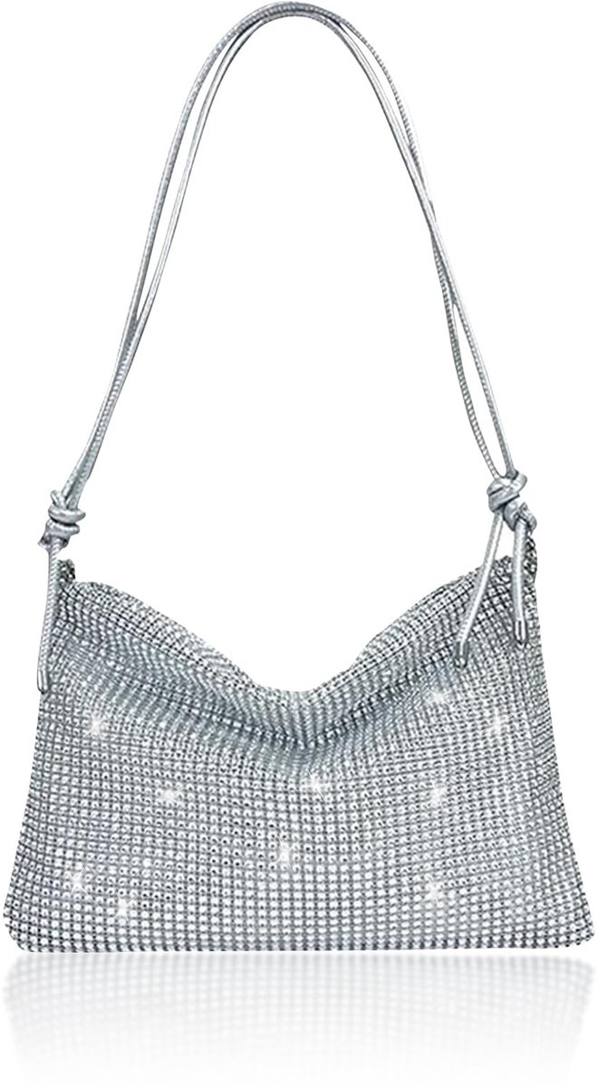 Dailygoods - Glinsterende Strass Clutch Dames - Elegante Zilveren Avondtas met Verstelbare Schouderriem