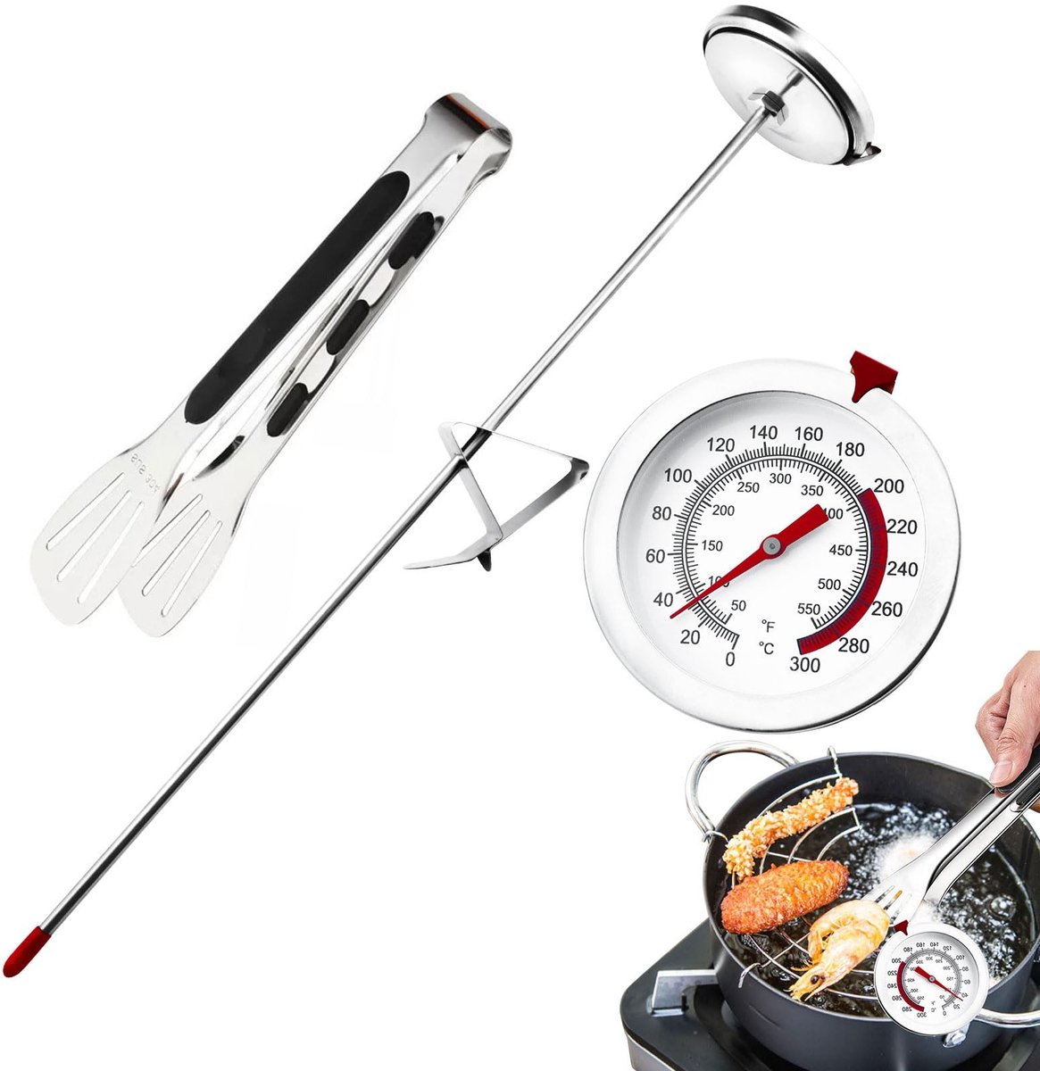 Dailygoods- Frituurthermometer 0-300°C - Kookthermometer - Analoge Vleesthermometer - Roestvrij Staal - Duurzaam - Voedselclip