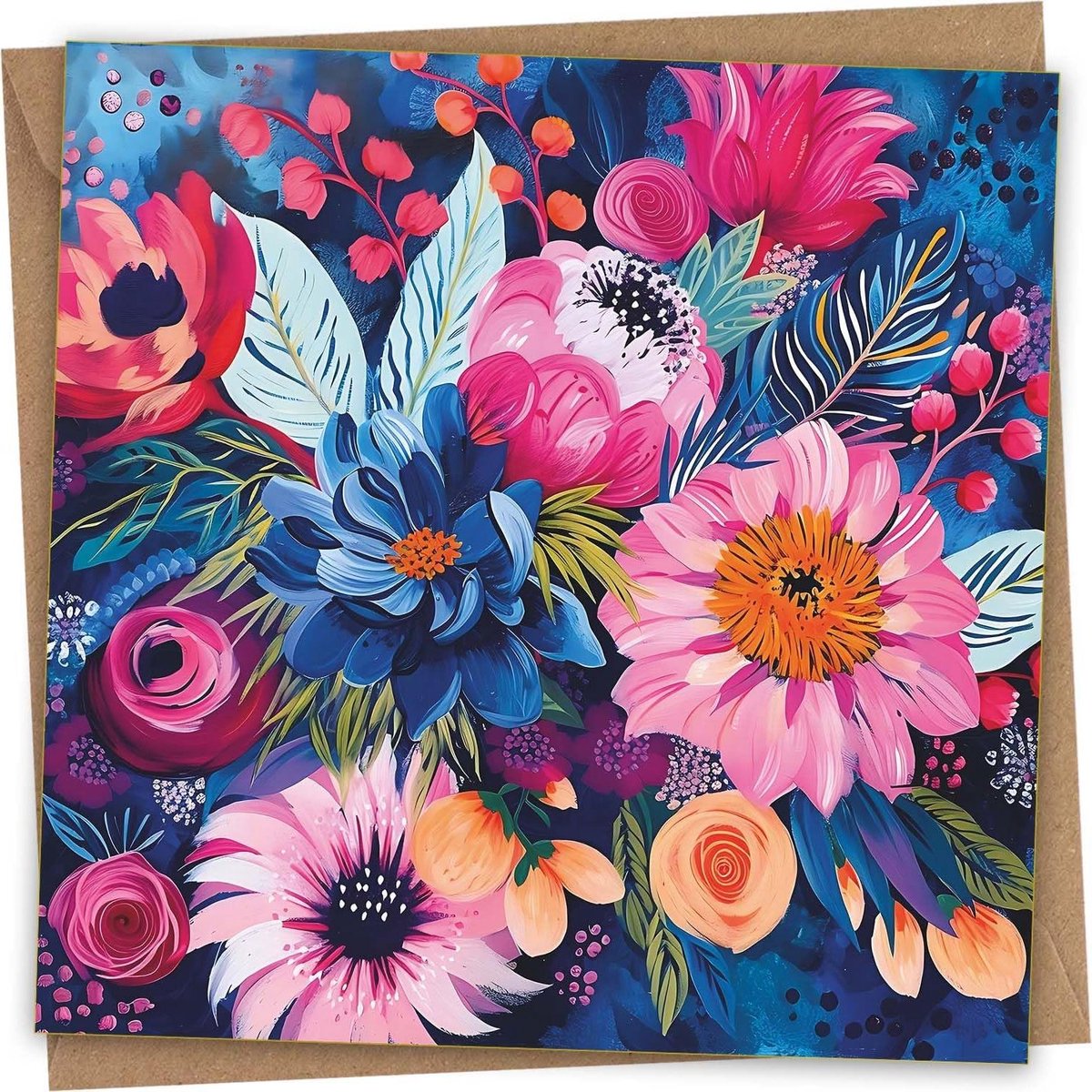 Bloemen Wenskaart - Verjaardagskaart Kraft - Persoonlijke Groet - Extra Dik 360gsm - 15x15cm - Multicolor
