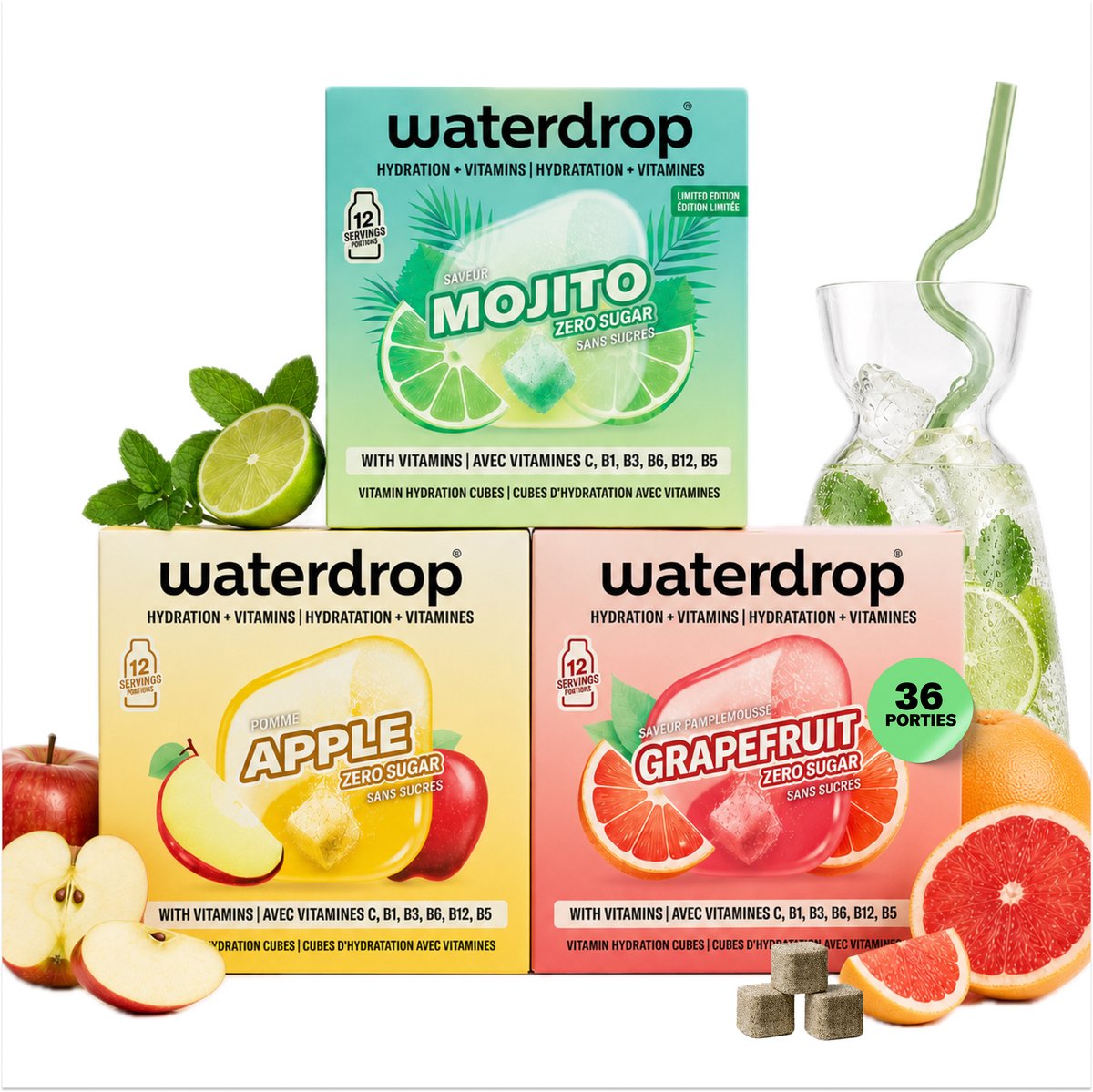 waterdrop® Mocktail Set – Water Smaakmaker – 36 Drinkblokjes – Suikervrij Drankje met Mojito, Appel & Grapefruit – Laag Calorie, met Vitaminen – Verfrissend Zomer Drankje