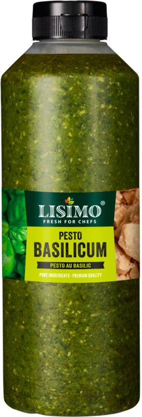 Lisimo Pesto Basilicum, 500ml fles met groene pesto. Label met "LISIMO PESTO BASILICUM".