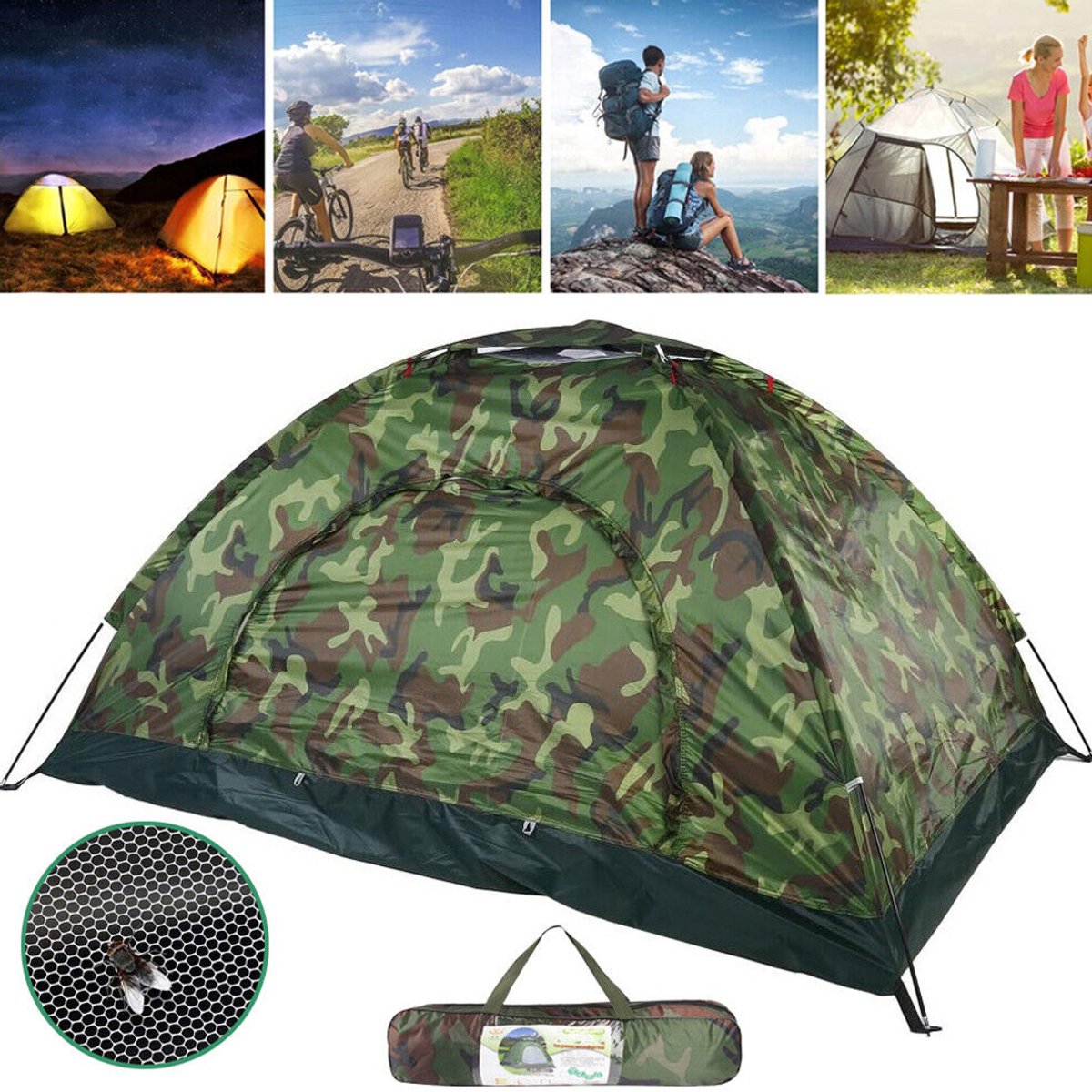 Camouflagetent - Twee personen - Camouflage - Inclusief accessoires: 4 tentharingen, 2 tentstokken, 1 opbergtas - Tent met één laag - 200 x 150 x 110 cm - Oxford-stof (niet waterdicht) – foto 4