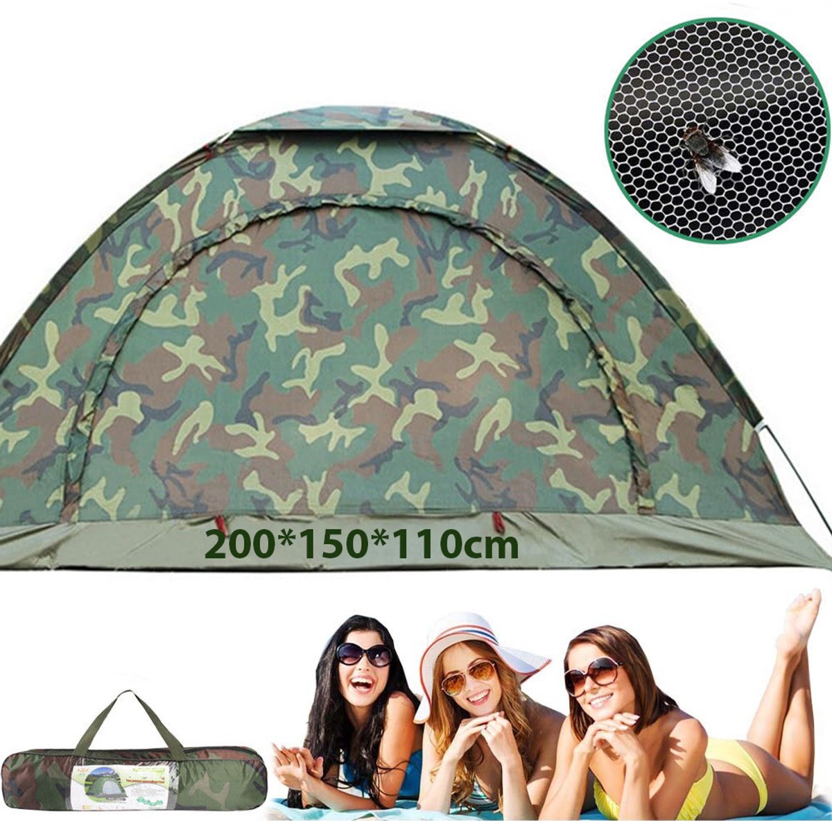 Camouflagetent - Twee personen - Camouflage - Inclusief accessoires: 4 tentharingen, 2 tentstokken, 1 opbergtas - Tent met één laag - 200 x 150 x 110 cm - Oxford-stof (niet waterdicht) – foto 3