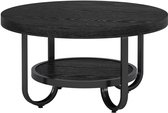 Zwarte ronde salontafel met houten nerfstructuur, dubbele laag en gebogen metalen poten.