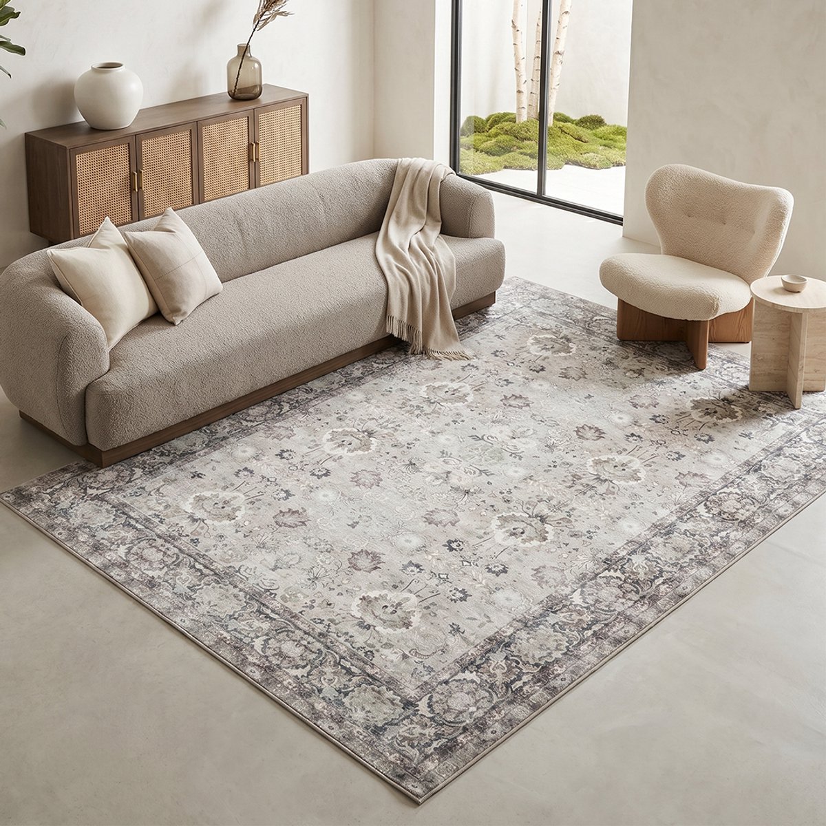 TAPISO Ispahan Vloerkleed Oosters Klassiek Vintage Bloemen Antislip Beige Crème Grijs Woon