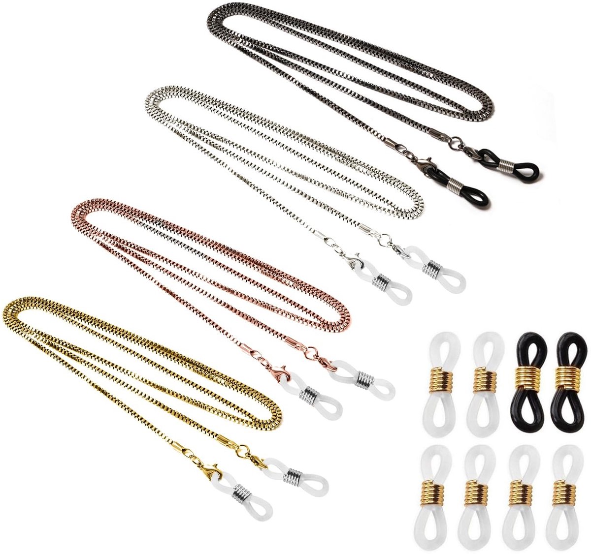 Solidchoice- Brillenketting 75 cm - 4 Stuks - Antislip Gespen - Koper/IJzer - Zwart/Goud/Zilver/Roségoud - Retro Design - Brillenkoord