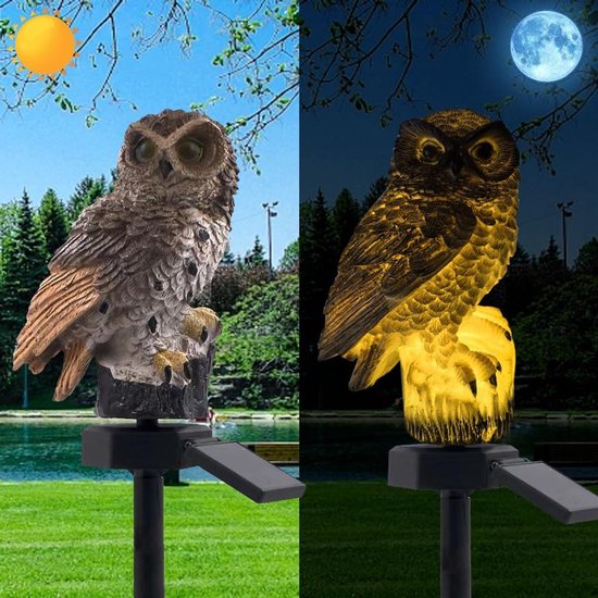 LED-zonnelamp met grijze uil, schattige dierenlamp voor buiten, warm licht, decoratieve tuinverlichting met oneindige werking van schemering tot zonsopgang, waterdicht.