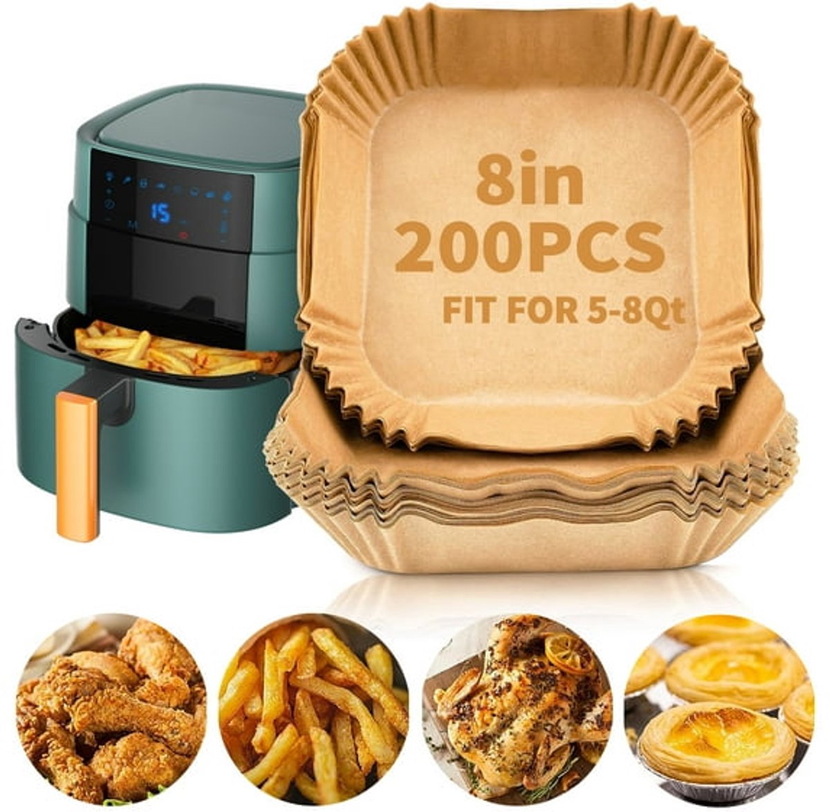Verpakking van 200 papieren bakmatjes voor de airfryer, vierkant bakpapier van 20 cm, geschikt voor airfryers van 5-8 liter, bakken, braden en magnetrons. Antiaanbaklaag accessoire voor de airfryer.