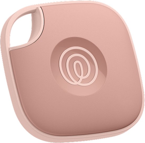 Een vierkante, roze Tile tracker met een cirkelvormig patroon in het midden, tegen een witte achtergrond.