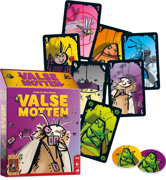 Speldoos en kaarten met insecten. De doos toont een mot die kaarten vasthoudt. De kaarten bevatten insecten.