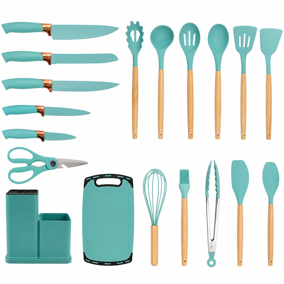 Home & Beyond® 19-delige Keukengerei Set met Messenblok - Siliconen Keukengerei met Houten Handvat - Inclusief Messen, Snijplank en Keukenhulpen - Mintgroen