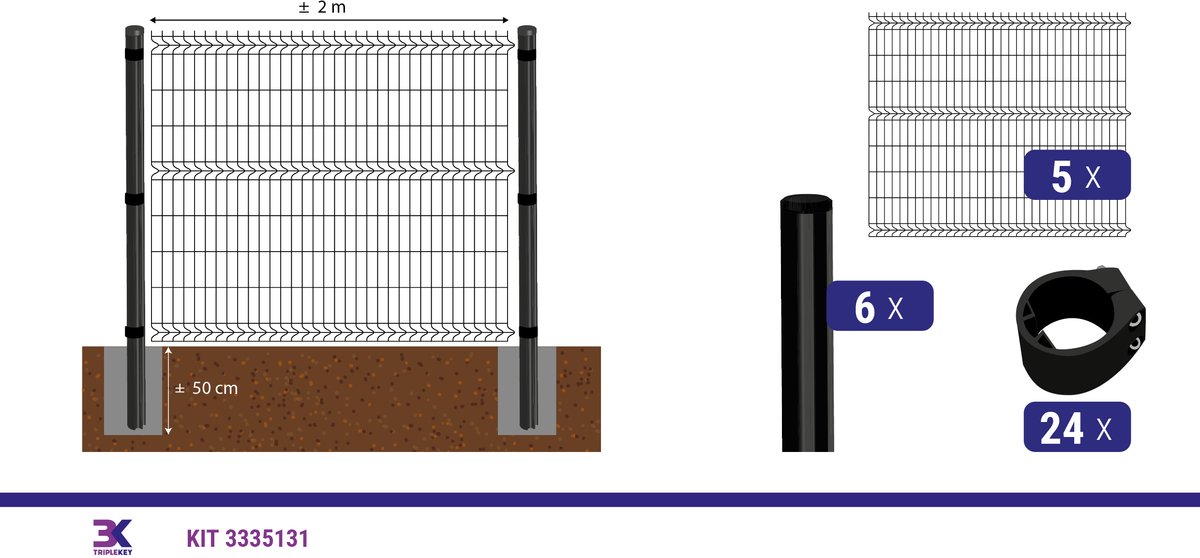 KIT 41 draadpaneel + palen en klemmen, lengte 10m, hoogte 173cm, kleur zwart RAL 9005